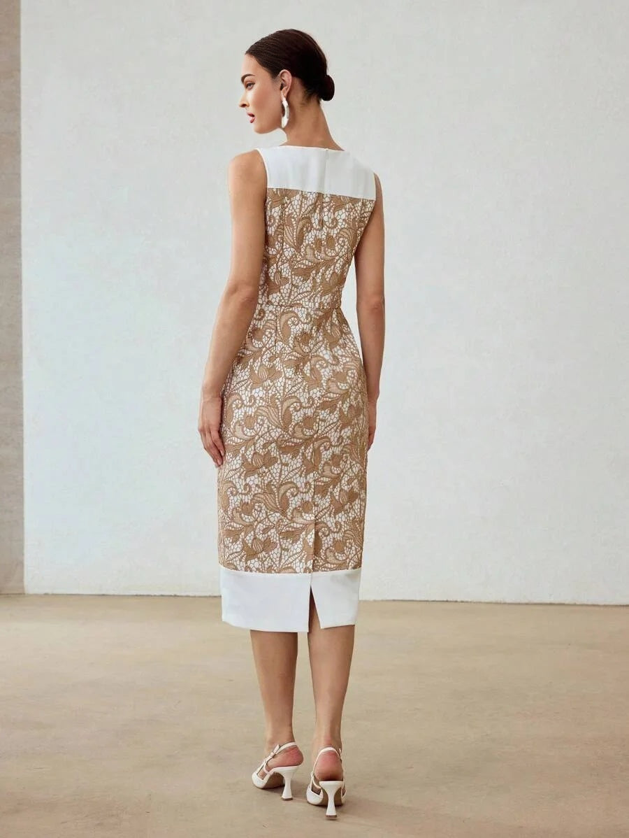 PREMIUM GUIPURE LACE ZIPPER BACK SPLIT HEM SLIM FIT DRESS WITHOUT BELT