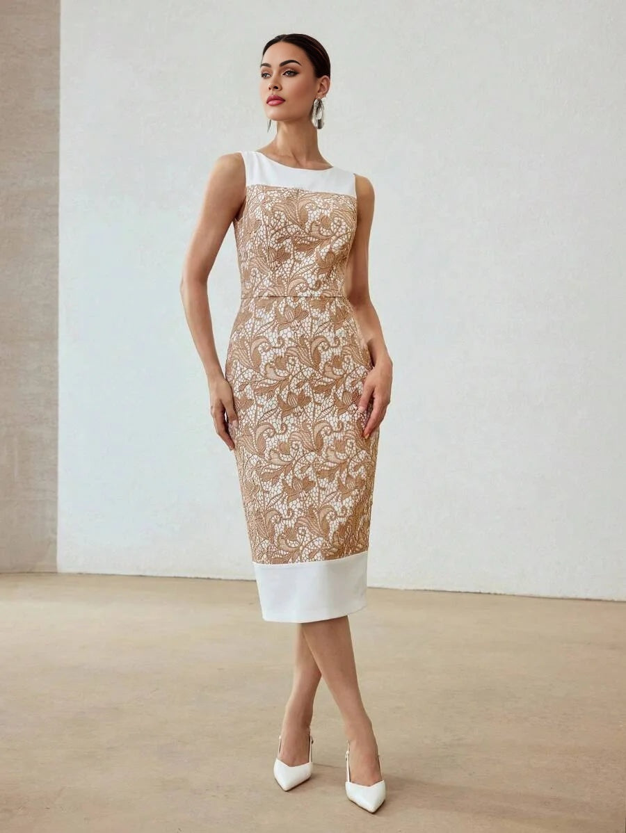 PREMIUM GUIPURE LACE ZIPPER BACK SPLIT HEM SLIM FIT DRESS WITHOUT BELT