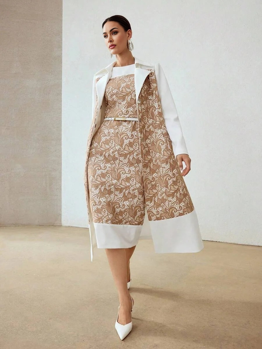 PREMIUM GUIPURE LACE ZIPPER BACK SPLIT HEM SLIM FIT DRESS WITHOUT BELT