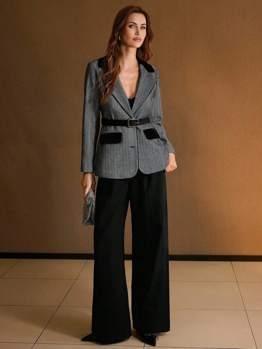 PREMIUM HERRINGBONE COLORBLOCK WAIST CINCHED MINIMALIST COMMUTER CASUAL COAT