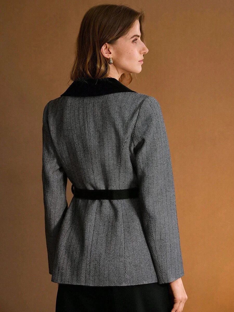 PREMIUM HERRINGBONE COLORBLOCK WAIST CINCHED MINIMALIST COMMUTER CASUAL COAT