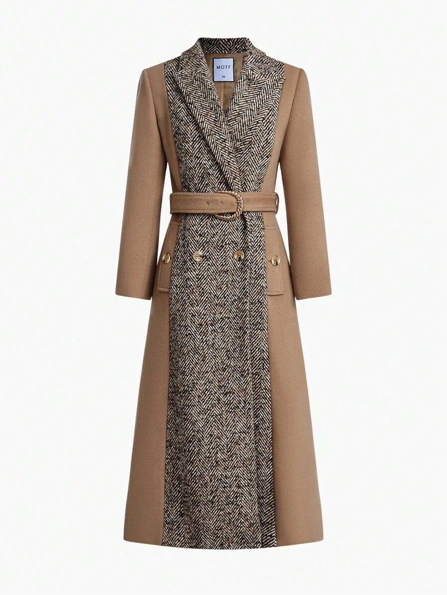PREMIUM HERRINGBONE PANEL PEAK COLLAR BUCKLE BELTED LONGLINE OVERCOAT
