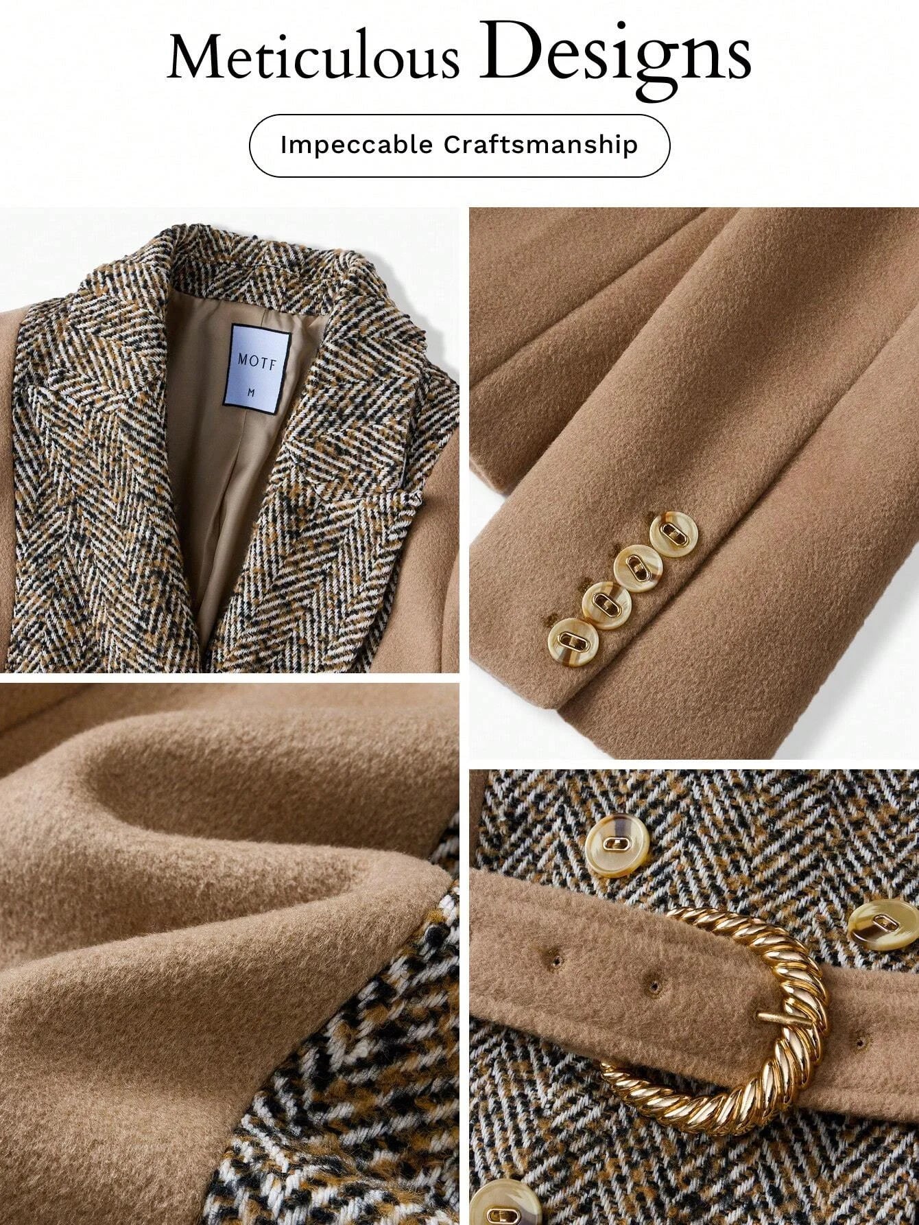 PREMIUM HERRINGBONE PANEL PEAK COLLAR BUCKLE BELTED LONGLINE OVERCOAT