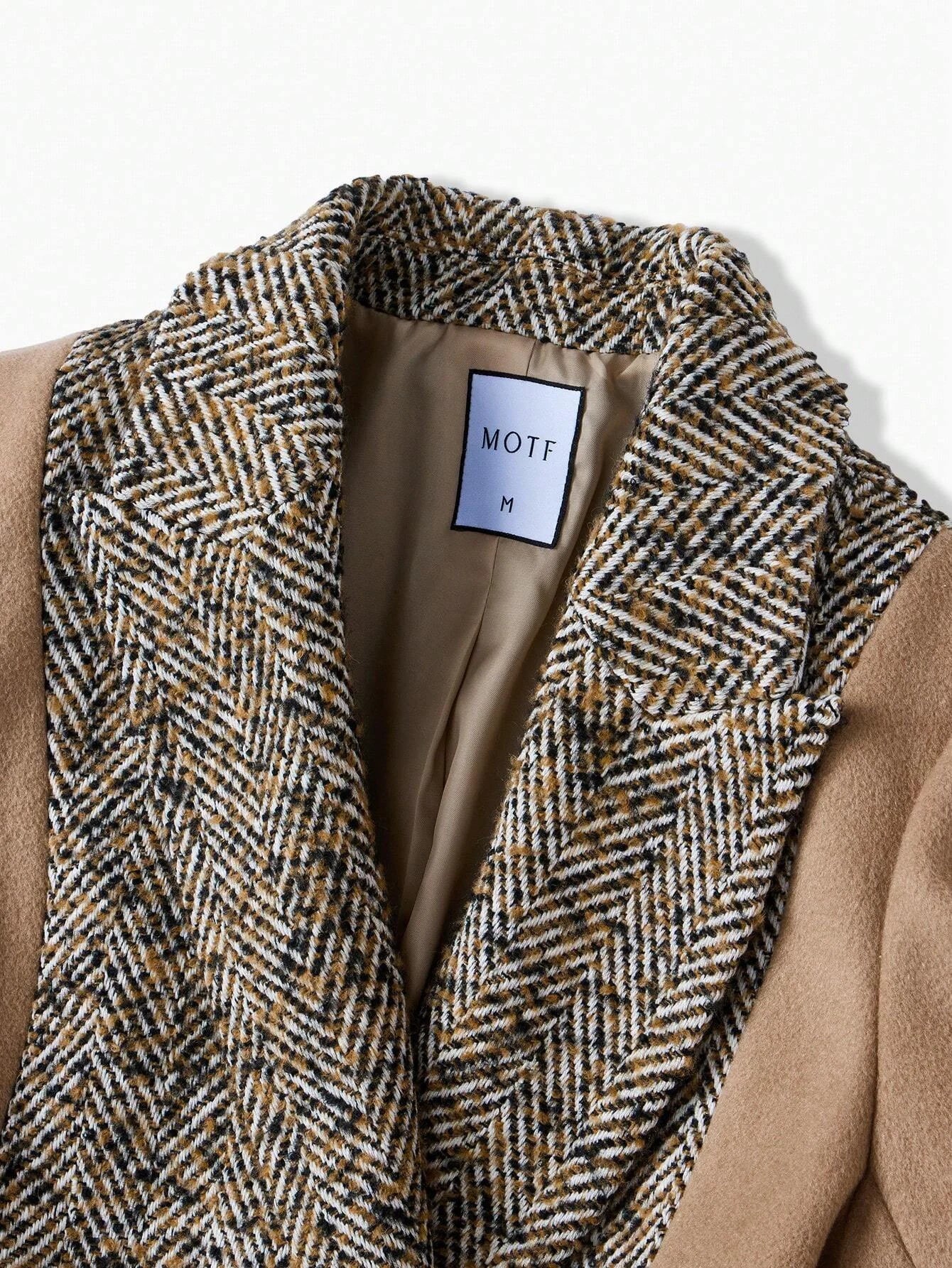 PREMIUM HERRINGBONE PANEL PEAK COLLAR BUCKLE BELTED LONGLINE OVERCOAT