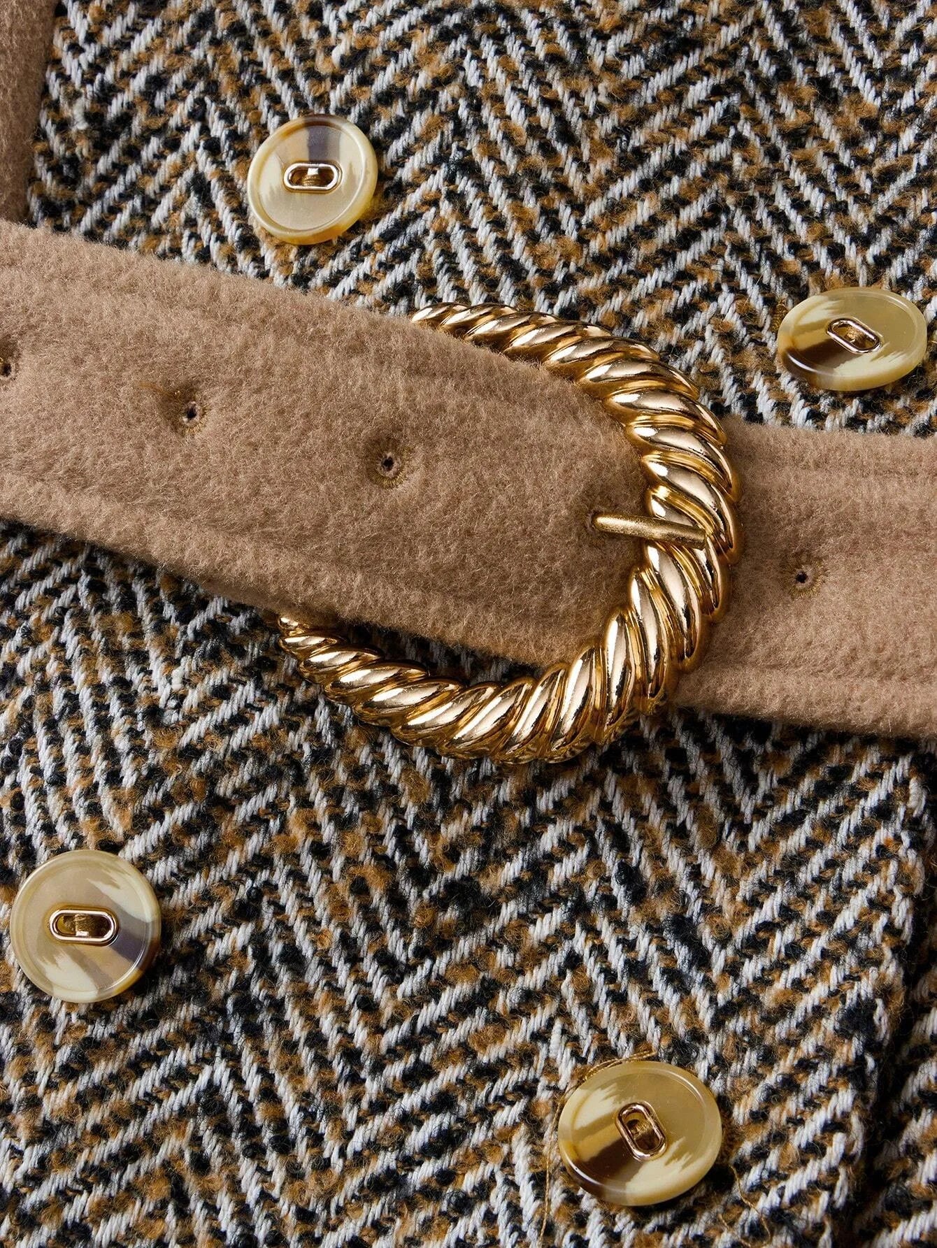 PREMIUM HERRINGBONE PANEL PEAK COLLAR BUCKLE BELTED LONGLINE OVERCOAT