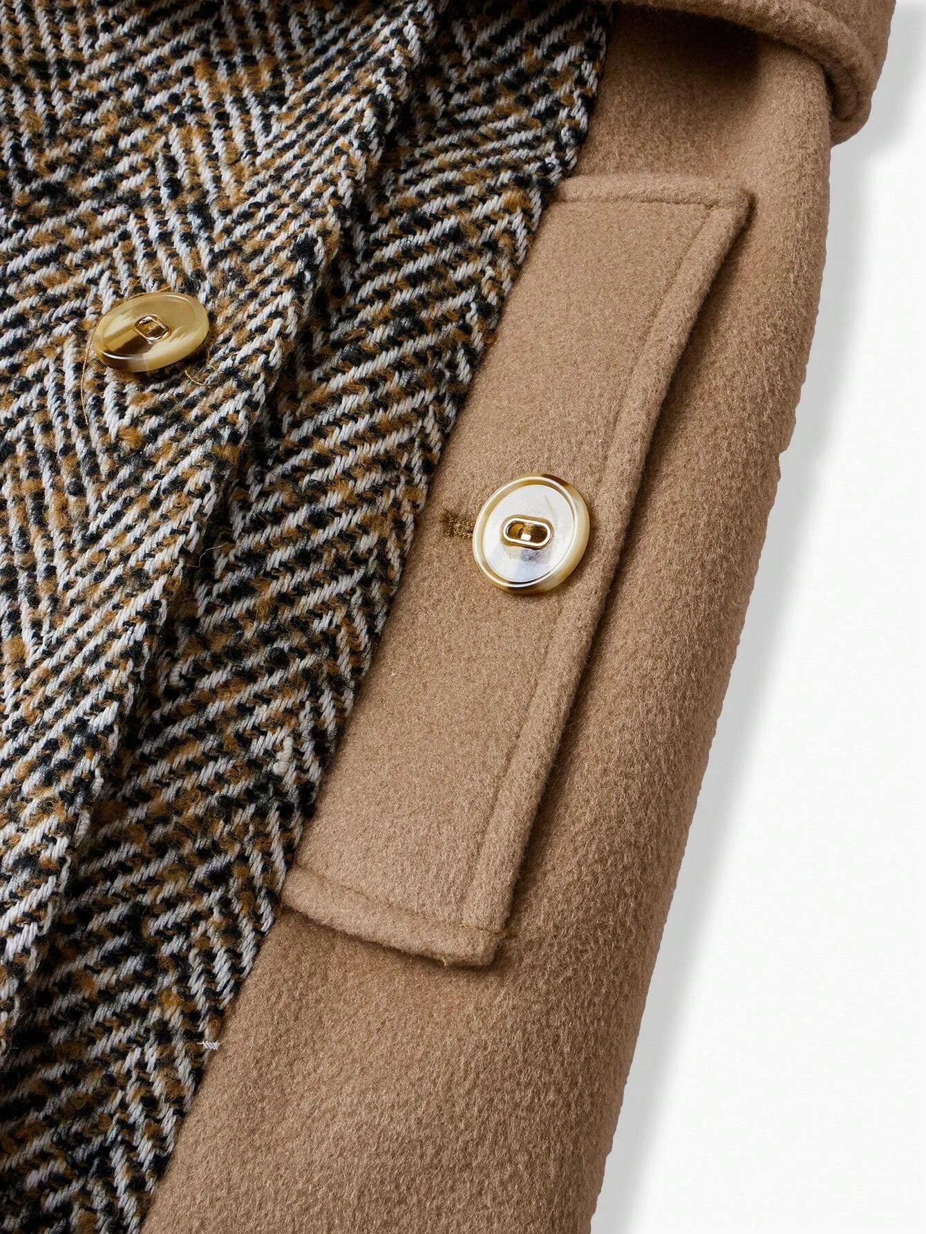 PREMIUM HERRINGBONE PANEL PEAK COLLAR BUCKLE BELTED LONGLINE OVERCOAT