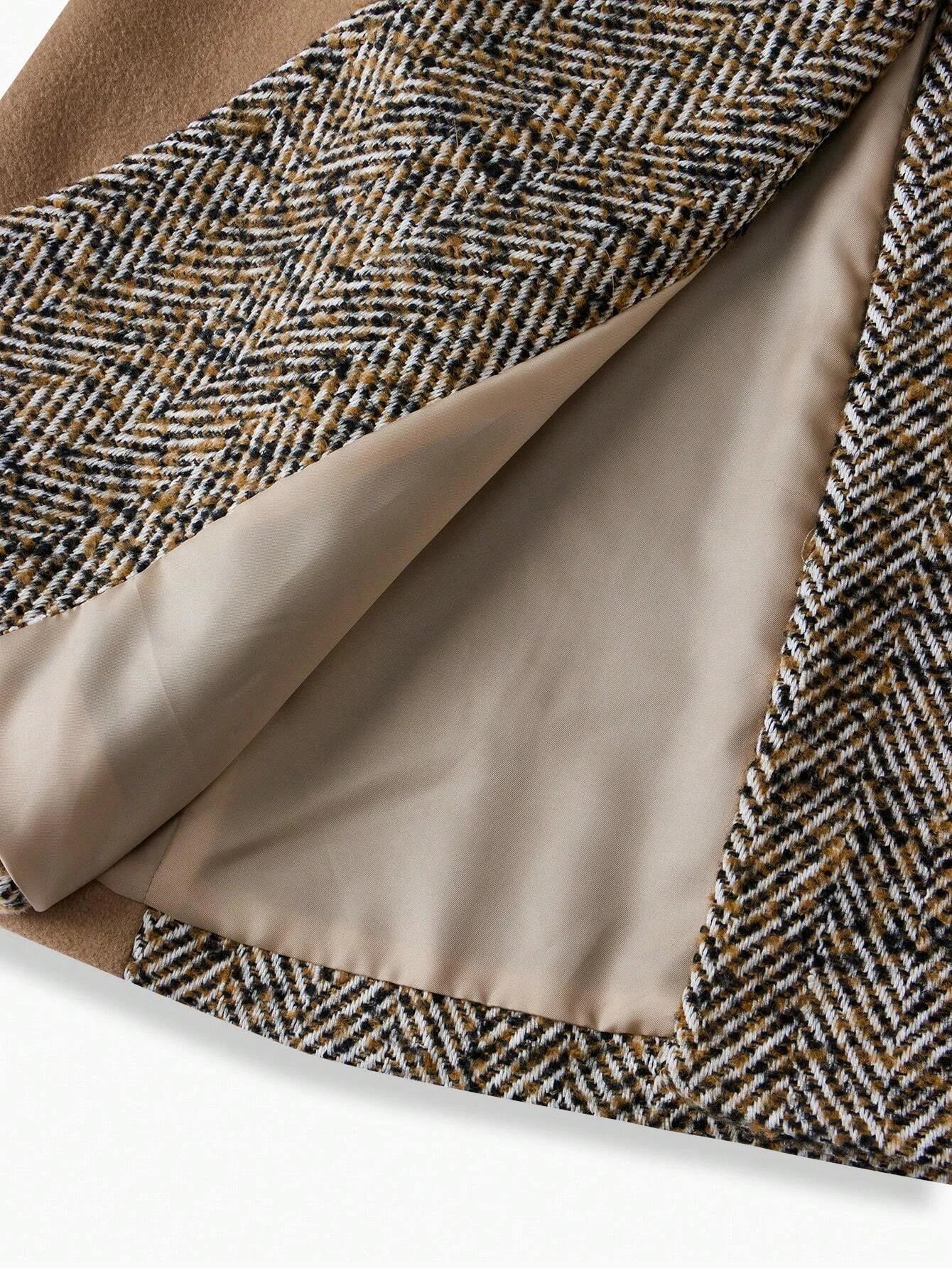 PREMIUM HERRINGBONE PANEL PEAK COLLAR BUCKLE BELTED LONGLINE OVERCOAT