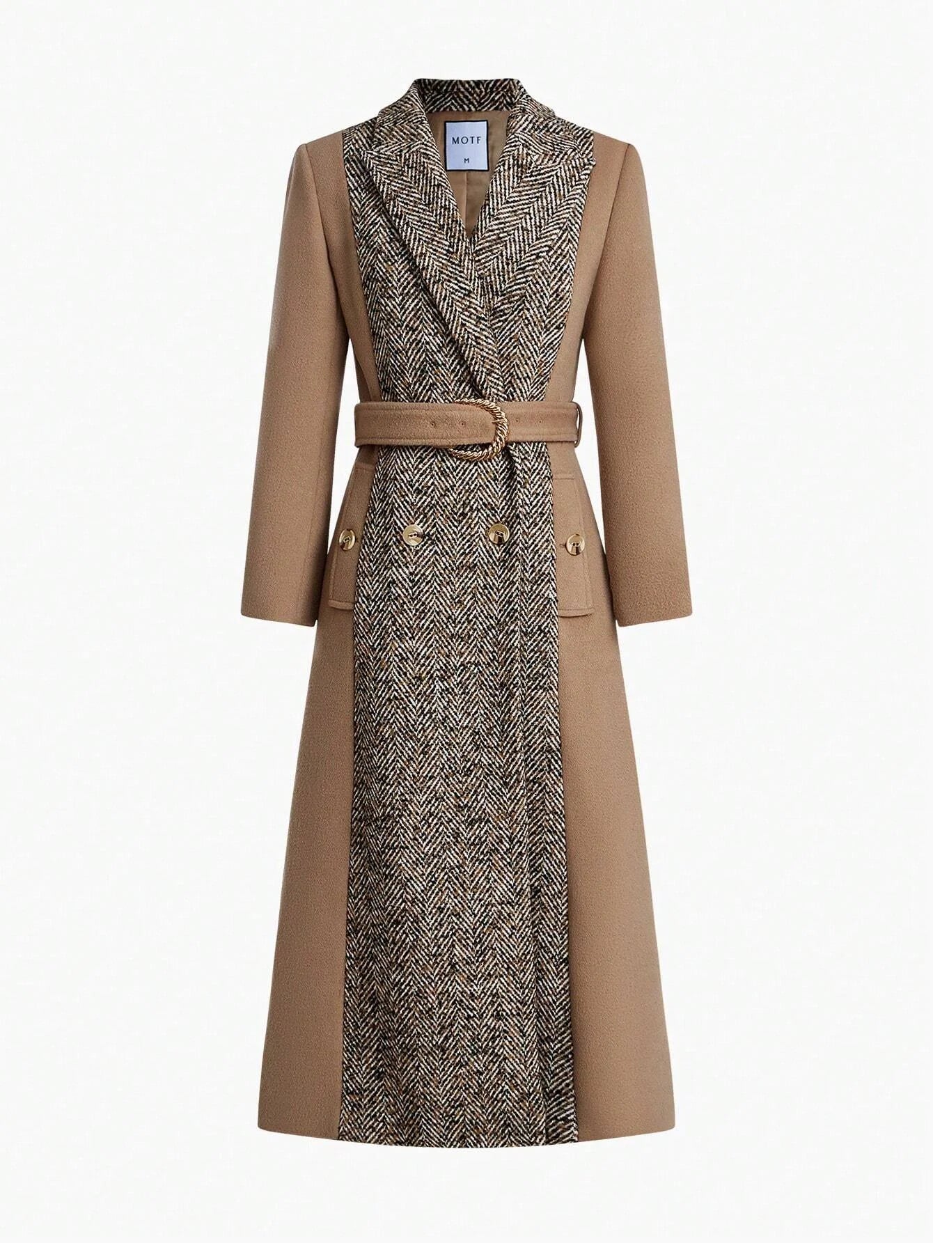 PREMIUM HERRINGBONE PANEL PEAK COLLAR BUCKLE BELTED LONGLINE OVERCOAT