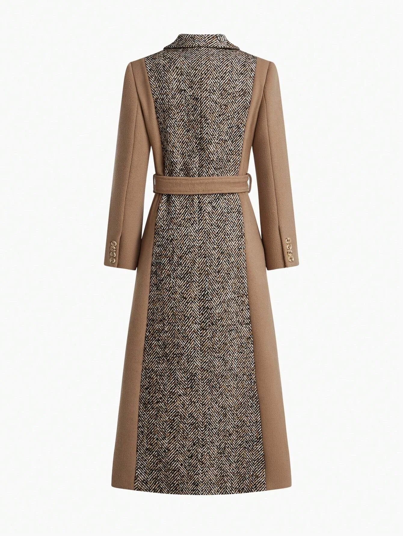 PREMIUM HERRINGBONE PANEL PEAK COLLAR BUCKLE BELTED LONGLINE OVERCOAT