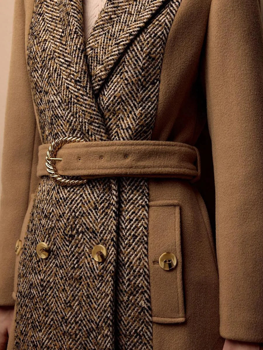 PREMIUM HERRINGBONE PANEL PEAK COLLAR BUCKLE BELTED LONGLINE OVERCOAT