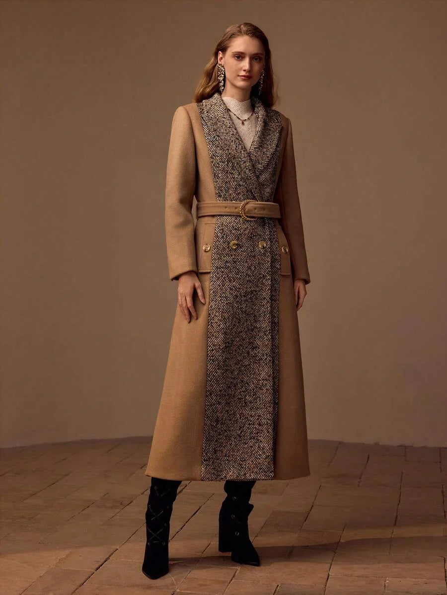 PREMIUM HERRINGBONE PANEL PEAK COLLAR BUCKLE BELTED LONGLINE OVERCOAT