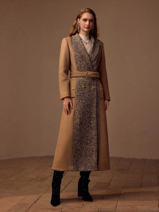 PREMIUM HERRINGBONE PANEL PEAK COLLAR BUCKLE BELTED LONGLINE OVERCOAT