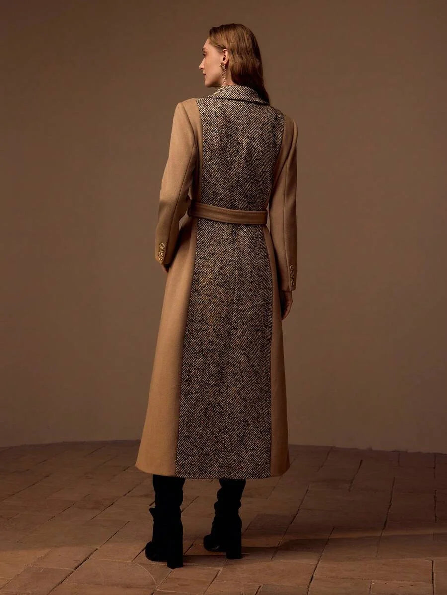 PREMIUM HERRINGBONE PANEL PEAK COLLAR BUCKLE BELTED LONGLINE OVERCOAT