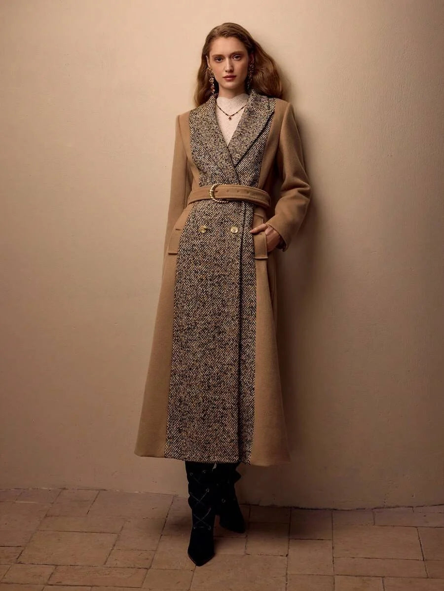 PREMIUM HERRINGBONE PANEL PEAK COLLAR BUCKLE BELTED LONGLINE OVERCOAT