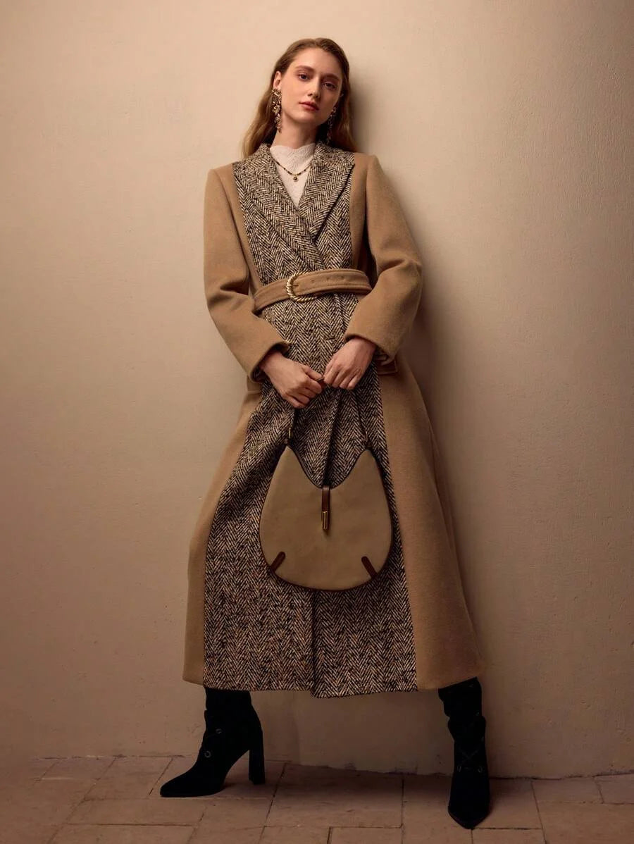 PREMIUM HERRINGBONE PANEL PEAK COLLAR BUCKLE BELTED LONGLINE OVERCOAT