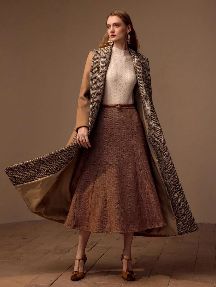 PREMIUM HERRINGBONE PANEL PEAK COLLAR BUCKLE BELTED LONGLINE OVERCOAT