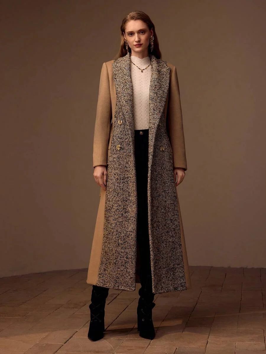 PREMIUM HERRINGBONE PANEL PEAK COLLAR BUCKLE BELTED LONGLINE OVERCOAT