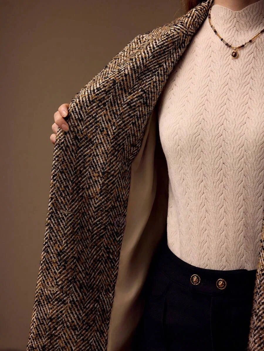 PREMIUM HERRINGBONE PANEL PEAK COLLAR BUCKLE BELTED LONGLINE OVERCOAT