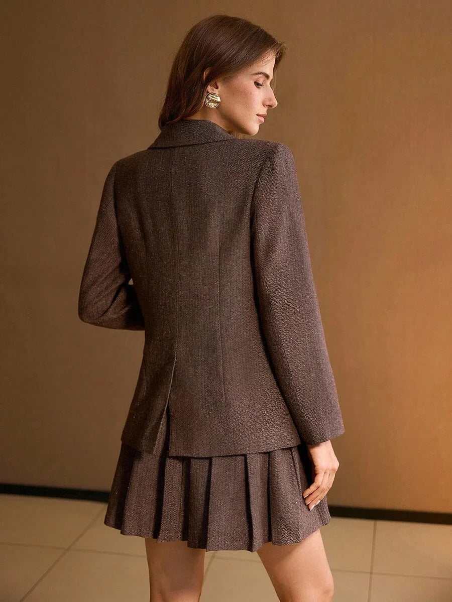 PREMIUM HERRINGBONE PATTERN LAPEL COLLAR DOUBLE BREASTED PLACKET BLAZER