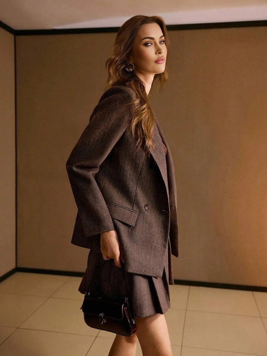 PREMIUM HERRINGBONE PATTERN LAPEL COLLAR DOUBLE BREASTED PLACKET BLAZER