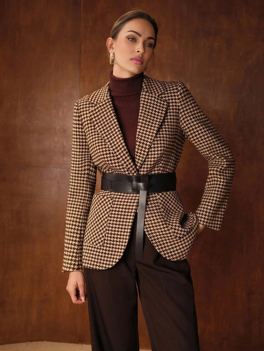PREMIUM HOUNDSTOOTH PATTERN BELTED BLAZER