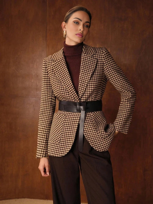 PREMIUM HOUNDSTOOTH PATTERN BELTED BLAZER