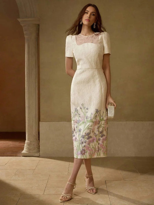 PREMIUM JACQUARD EMBROIDERY MESH YOKE PUFF SLEEVE DRESS