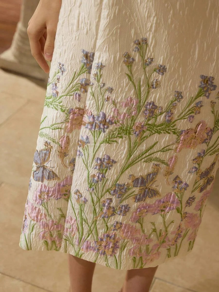 PREMIUM JACQUARD EMBROIDERY MESH YOKE PUFF SLEEVE DRESS