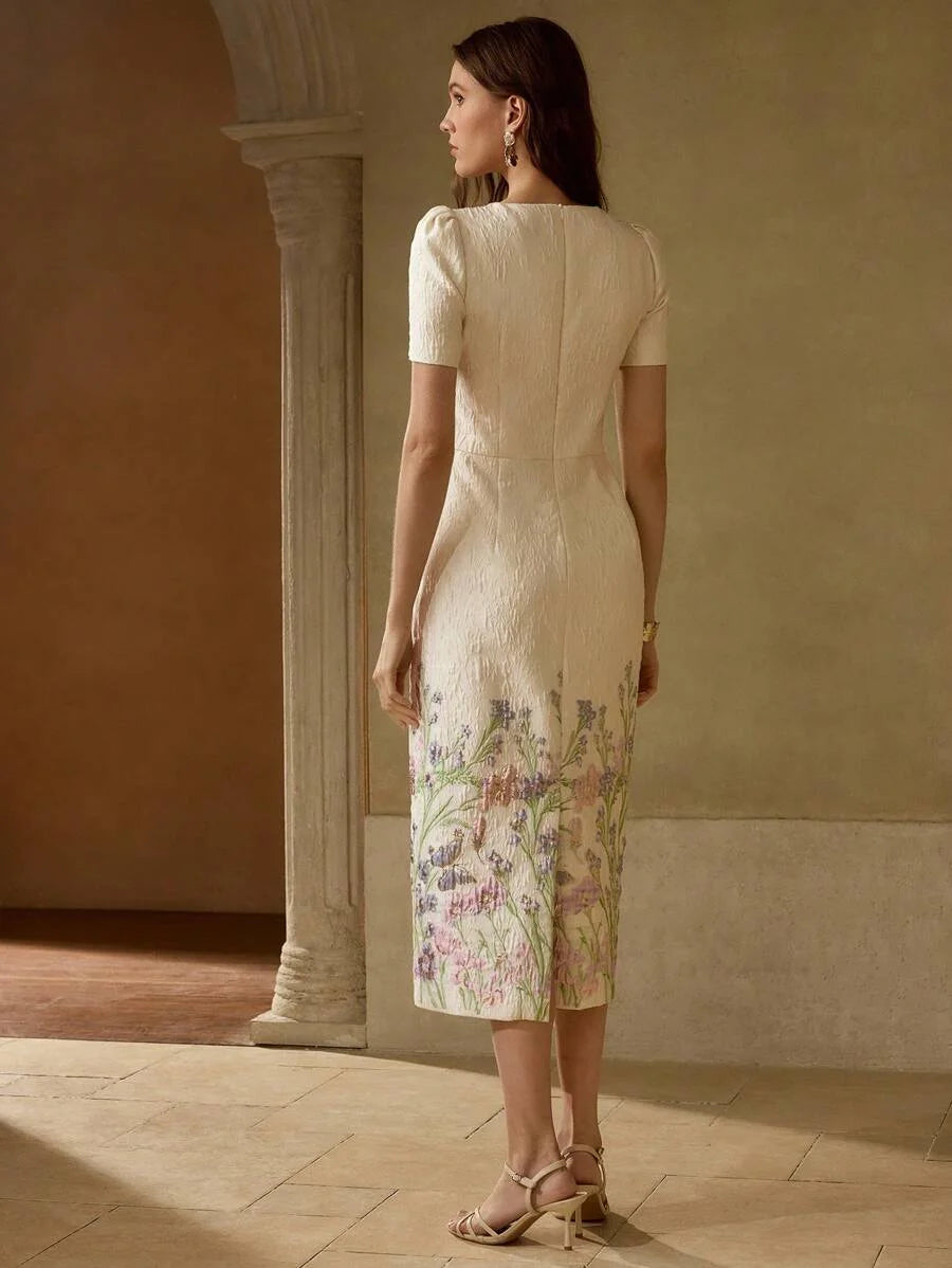 PREMIUM JACQUARD EMBROIDERY MESH YOKE PUFF SLEEVE DRESS