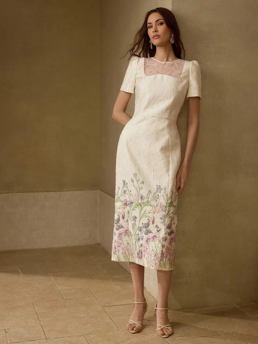 PREMIUM JACQUARD EMBROIDERY MESH YOKE PUFF SLEEVE DRESS