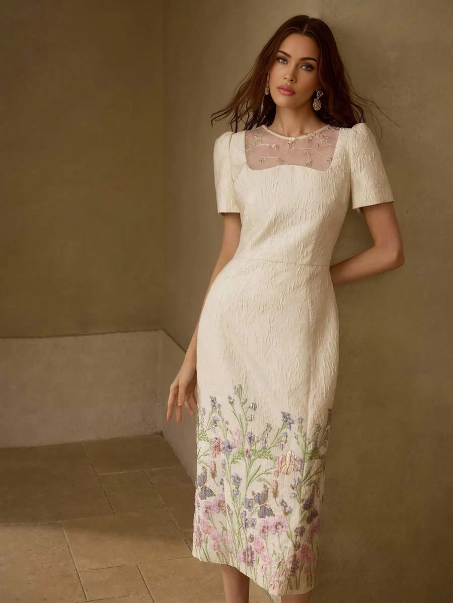 PREMIUM JACQUARD EMBROIDERY MESH YOKE PUFF SLEEVE DRESS