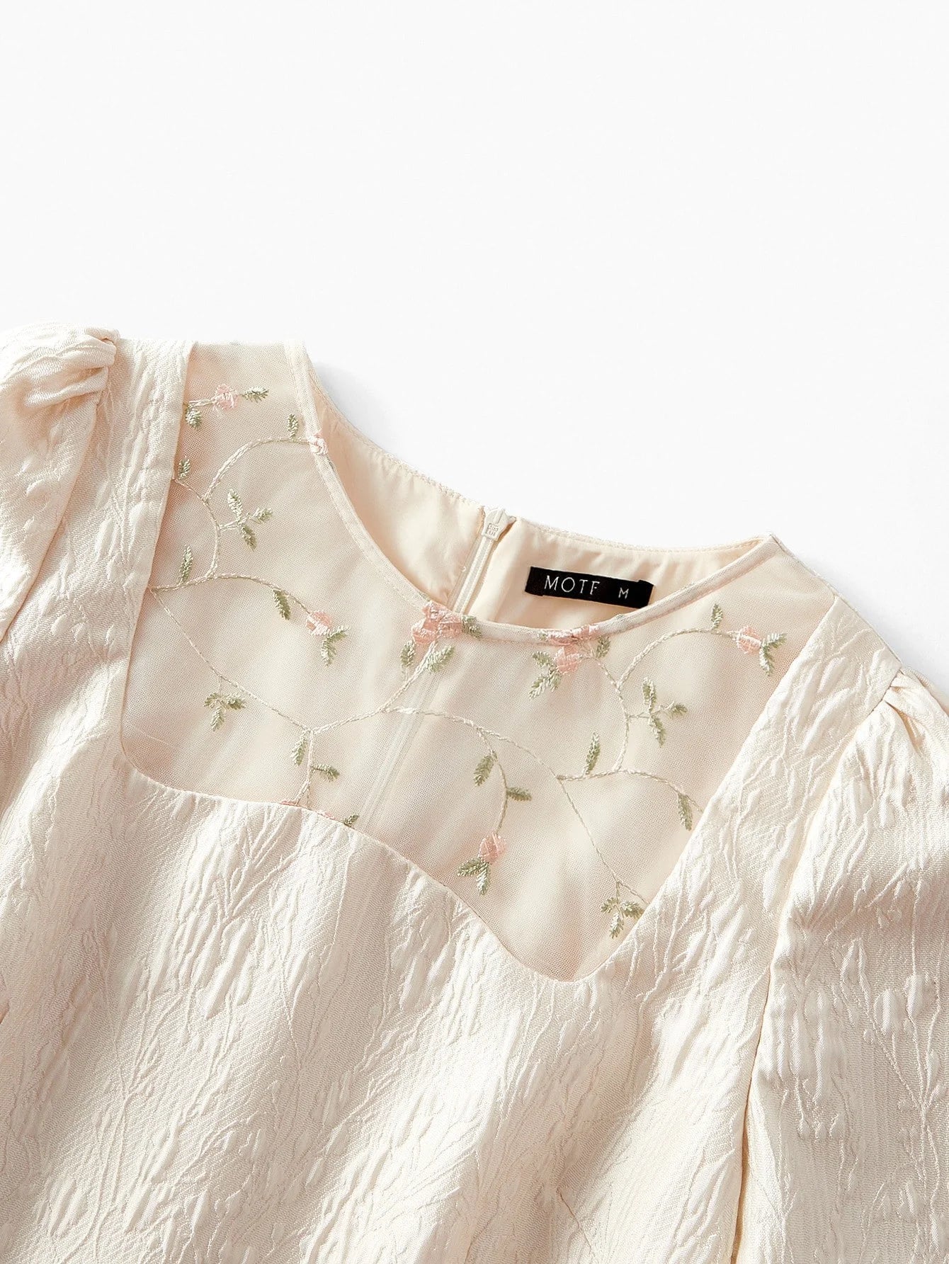 PREMIUM JACQUARD EMBROIDERY MESH YOKE PUFF SLEEVE DRESS