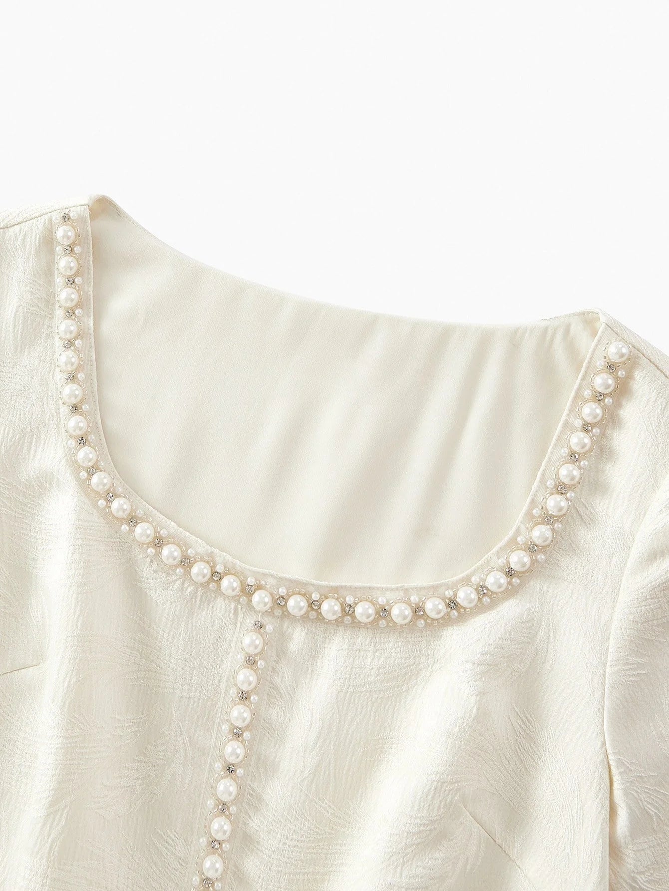 PREMIUM JACQUARD FABRIC CREAM COLOR PEARL DIAMOND DECOR SQUARE NECK SHORT SLEEVE CINCHED WAIST