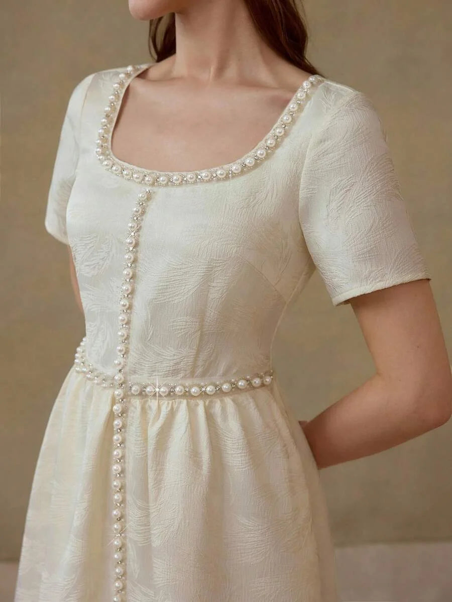PREMIUM JACQUARD FABRIC CREAM COLOR PEARL DIAMOND DECOR SQUARE NECK SHORT SLEEVE CINCHED WAIST