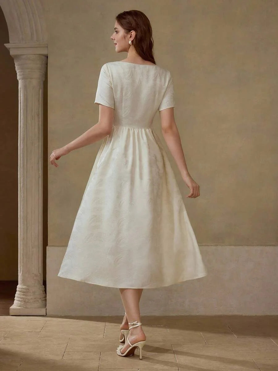 PREMIUM JACQUARD FABRIC CREAM COLOR PEARL DIAMOND DECOR SQUARE NECK SHORT SLEEVE CINCHED WAIST