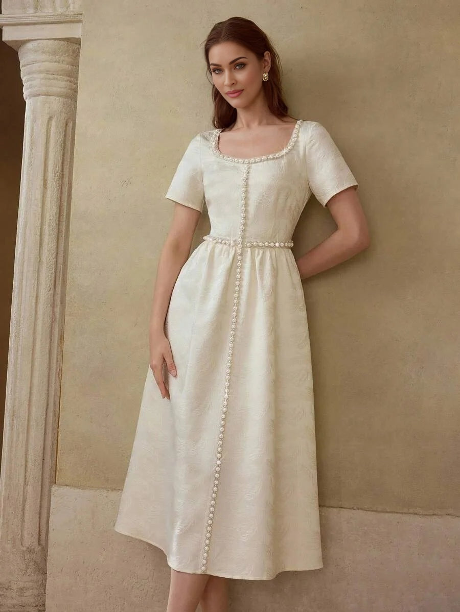 PREMIUM JACQUARD FABRIC CREAM COLOR PEARL DIAMOND DECOR SQUARE NECK SHORT SLEEVE CINCHED WAIST