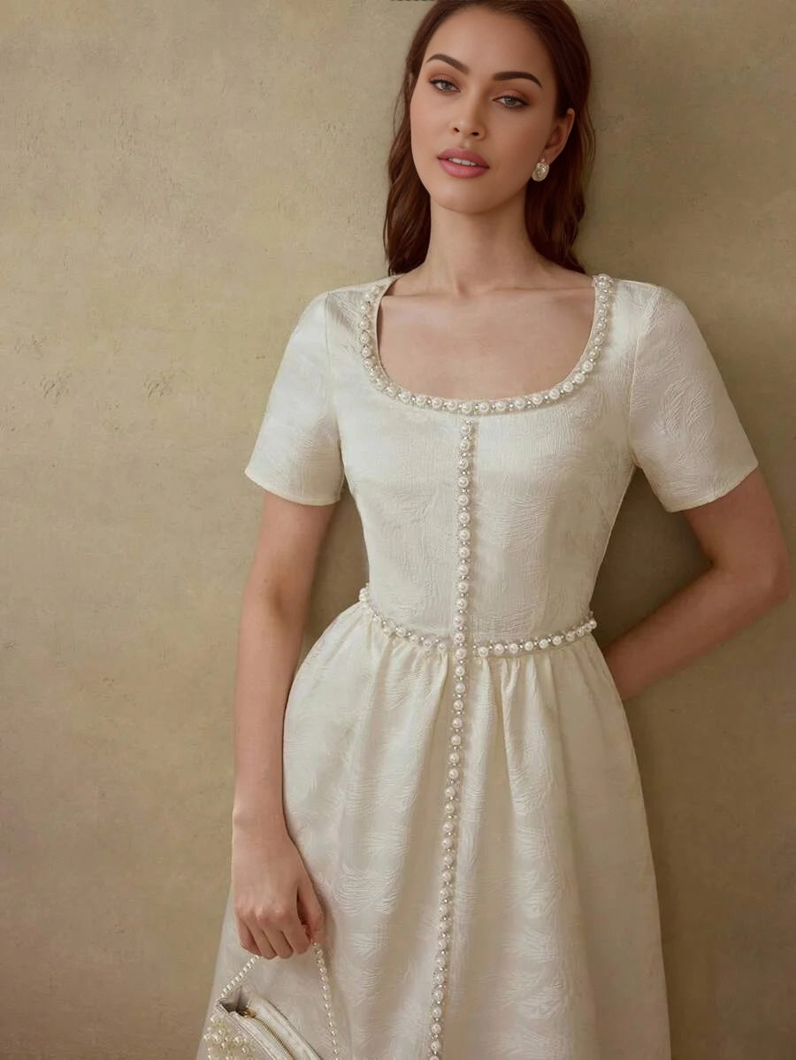 PREMIUM JACQUARD FABRIC CREAM COLOR PEARL DIAMOND DECOR SQUARE NECK SHORT SLEEVE CINCHED WAIST