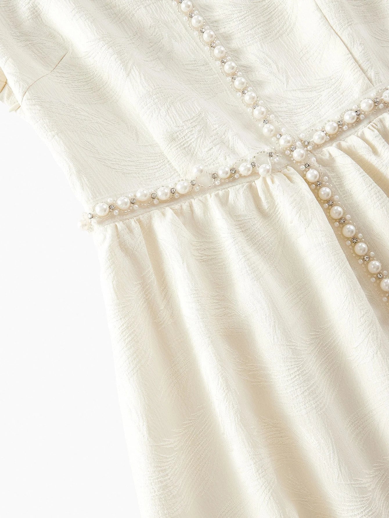 PREMIUM JACQUARD FABRIC CREAM COLOR PEARL DIAMOND DECOR SQUARE NECK SHORT SLEEVE CINCHED WAIST