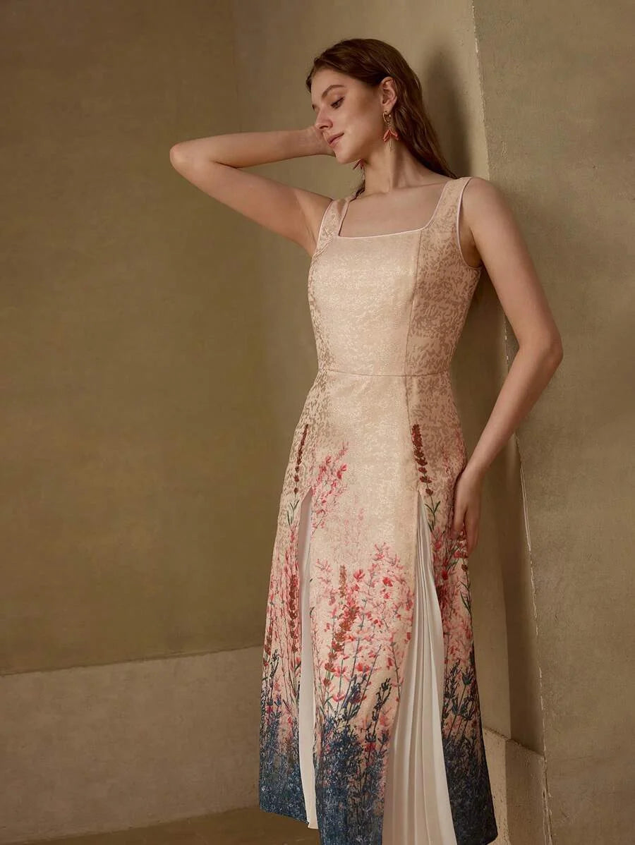 PREMIUM JACQUARD FLORAL PRINT CONTRAST PLEATED PANEL DRESS