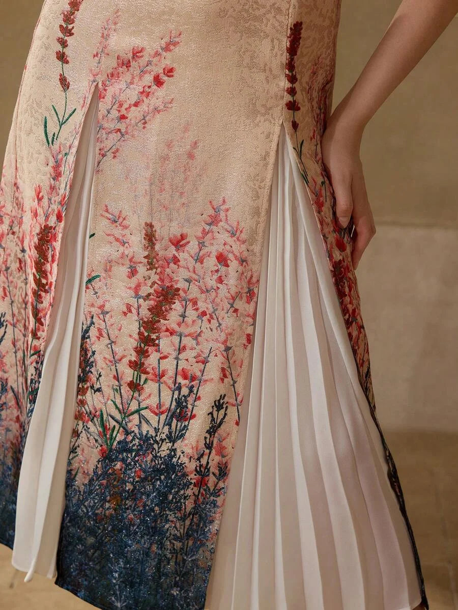 PREMIUM JACQUARD FLORAL PRINT CONTRAST PLEATED PANEL DRESS