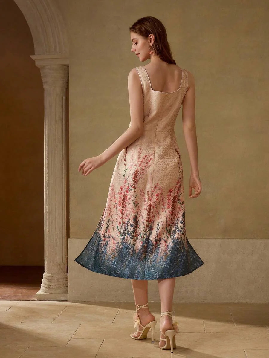 PREMIUM JACQUARD FLORAL PRINT CONTRAST PLEATED PANEL DRESS