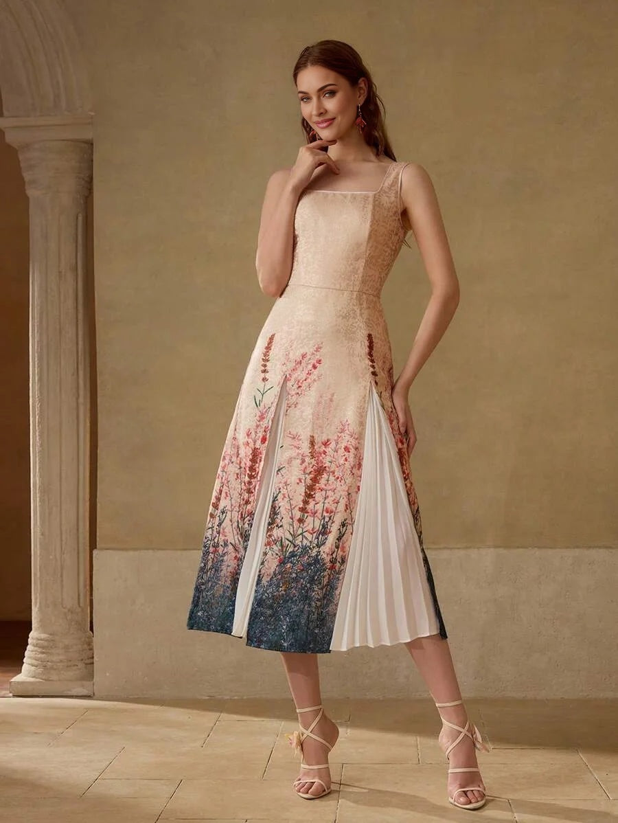 PREMIUM JACQUARD FLORAL PRINT CONTRAST PLEATED PANEL DRESS