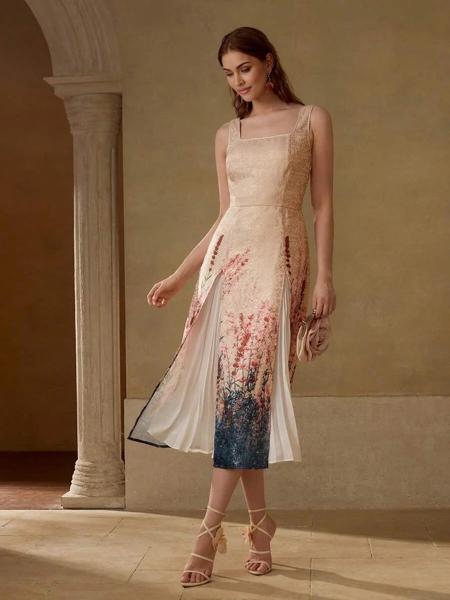 PREMIUM JACQUARD FLORAL PRINT CONTRAST PLEATED PANEL DRESS