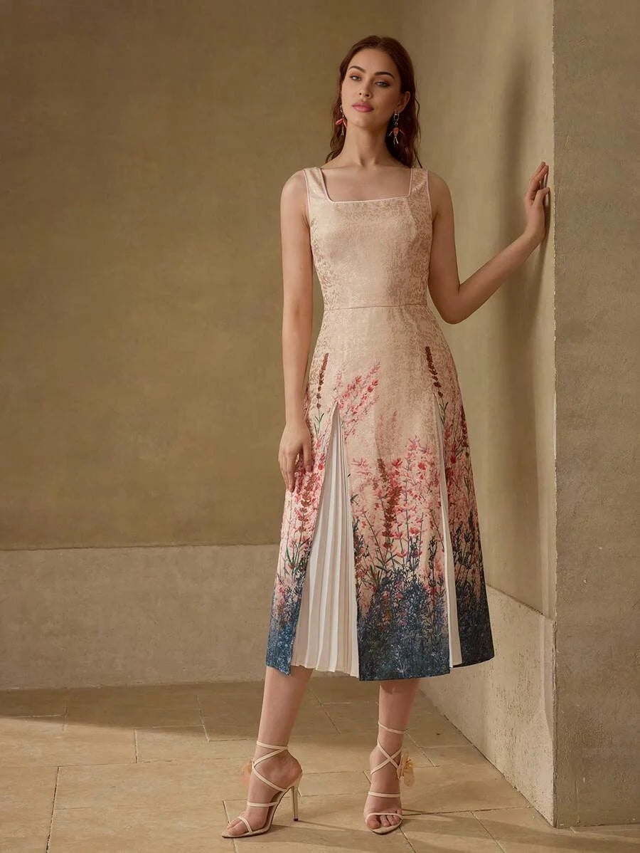 PREMIUM JACQUARD FLORAL PRINT CONTRAST PLEATED PANEL DRESS