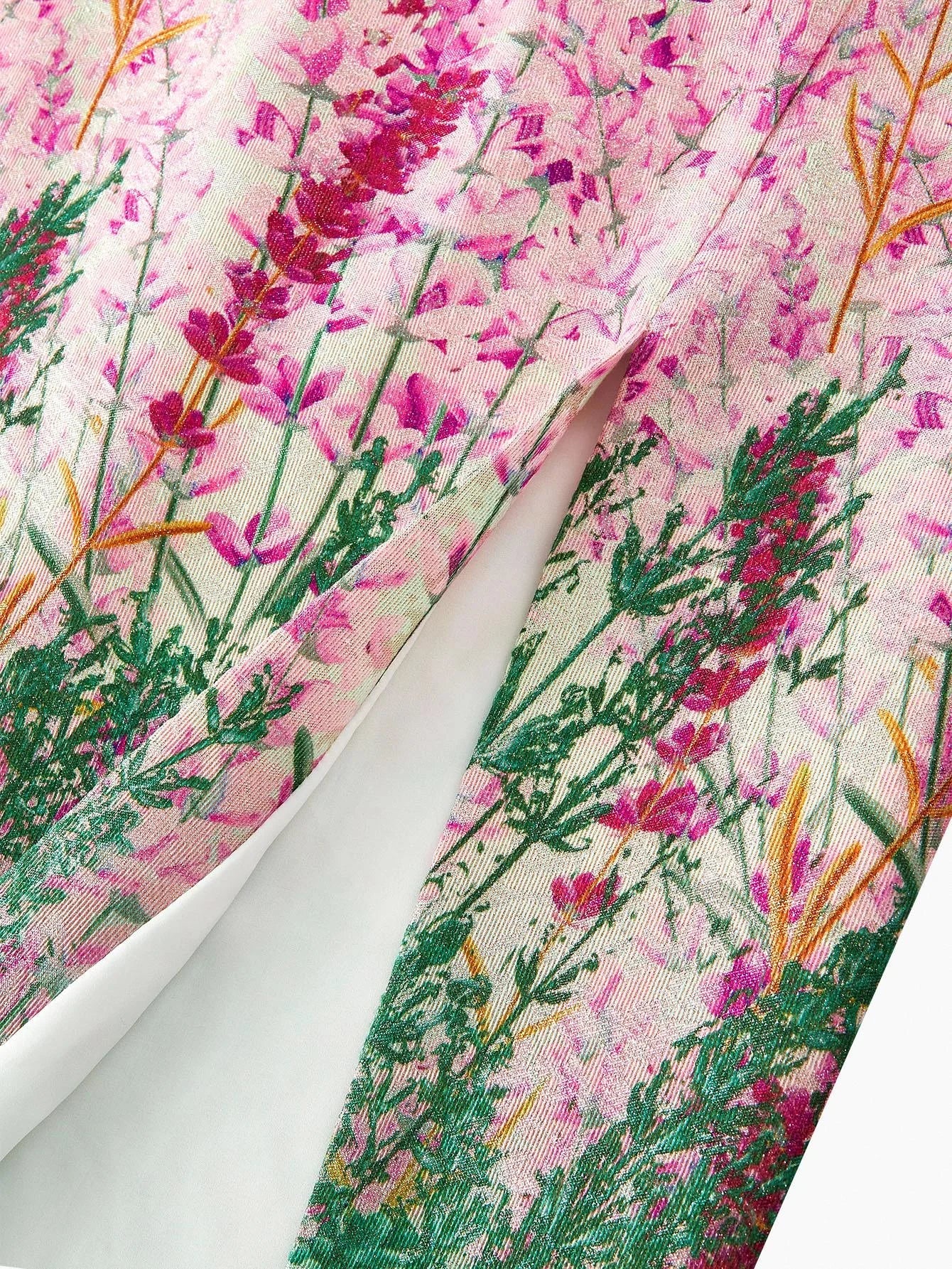 PREMIUM JACQUARD FLORAL PRINT KEYHOLE NECK SPLIT THIGH SLIM FIT DRESS