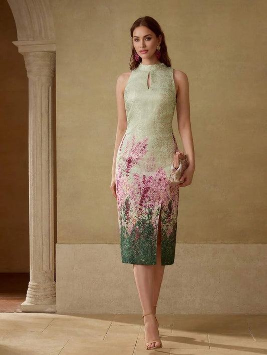 PREMIUM JACQUARD FLORAL PRINT KEYHOLE NECK SPLIT THIGH SLIM FIT DRESS