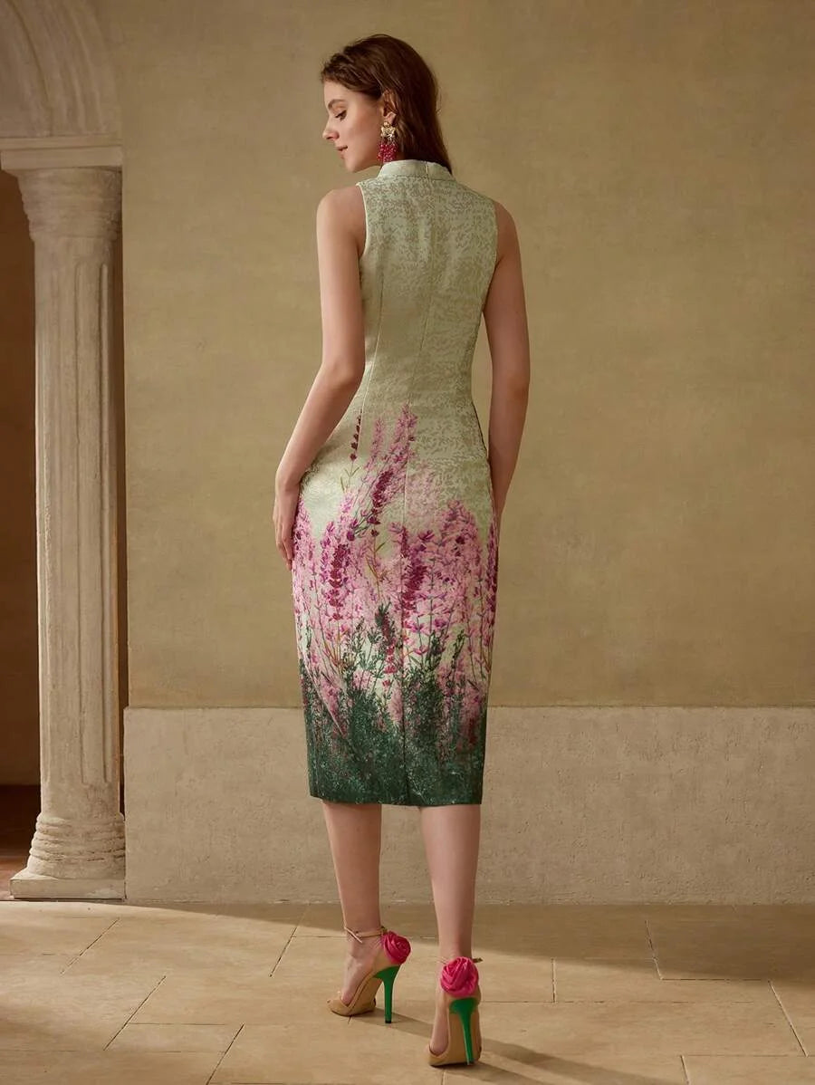 PREMIUM JACQUARD FLORAL PRINT KEYHOLE NECK SPLIT THIGH SLIM FIT DRESS