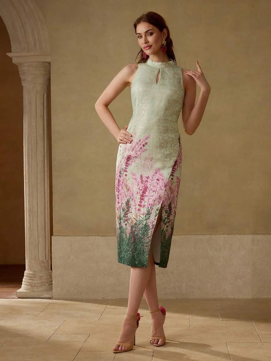 PREMIUM JACQUARD FLORAL PRINT KEYHOLE NECK SPLIT THIGH SLIM FIT DRESS