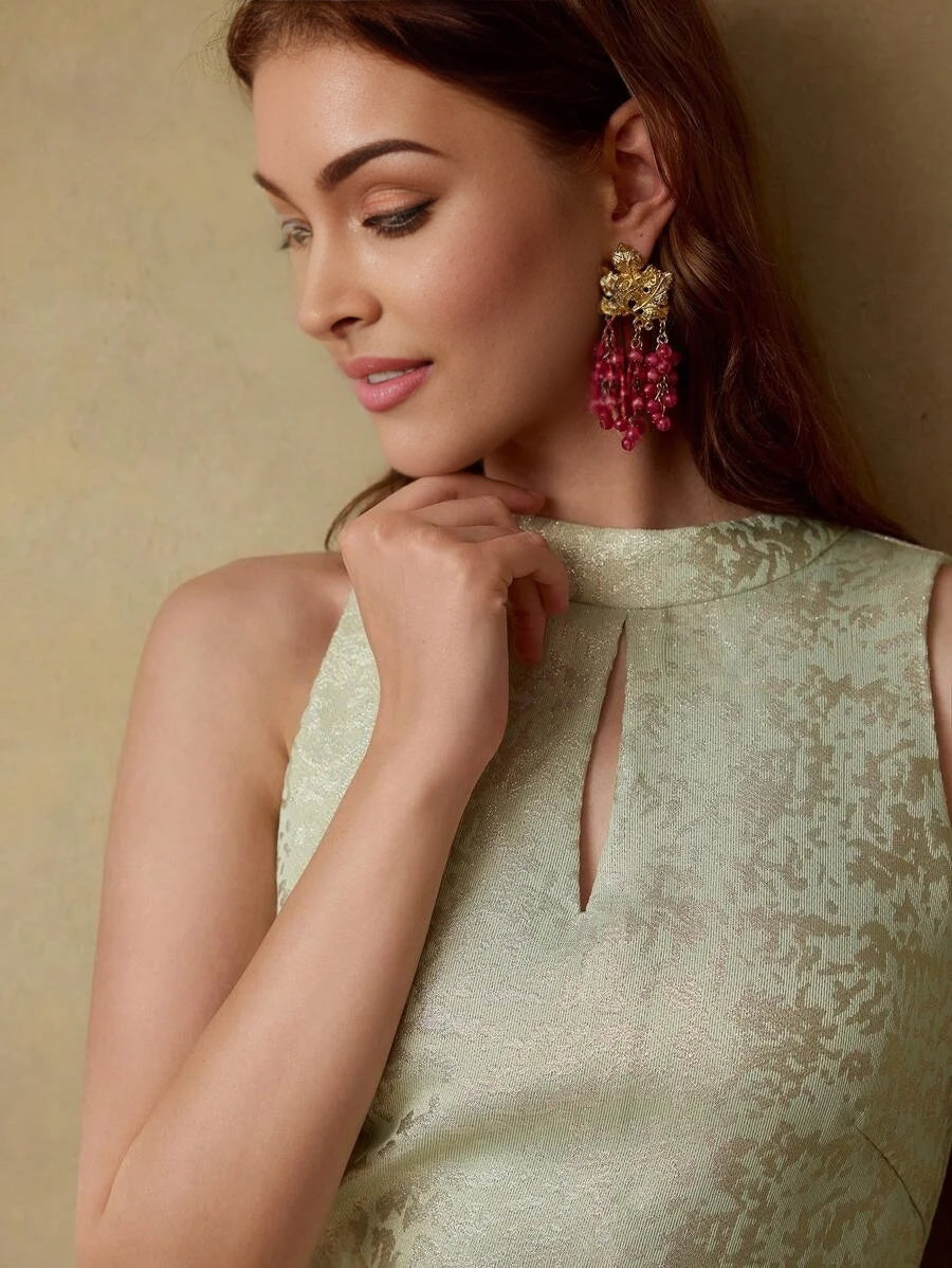 PREMIUM JACQUARD FLORAL PRINT KEYHOLE NECK SPLIT THIGH SLIM FIT DRESS