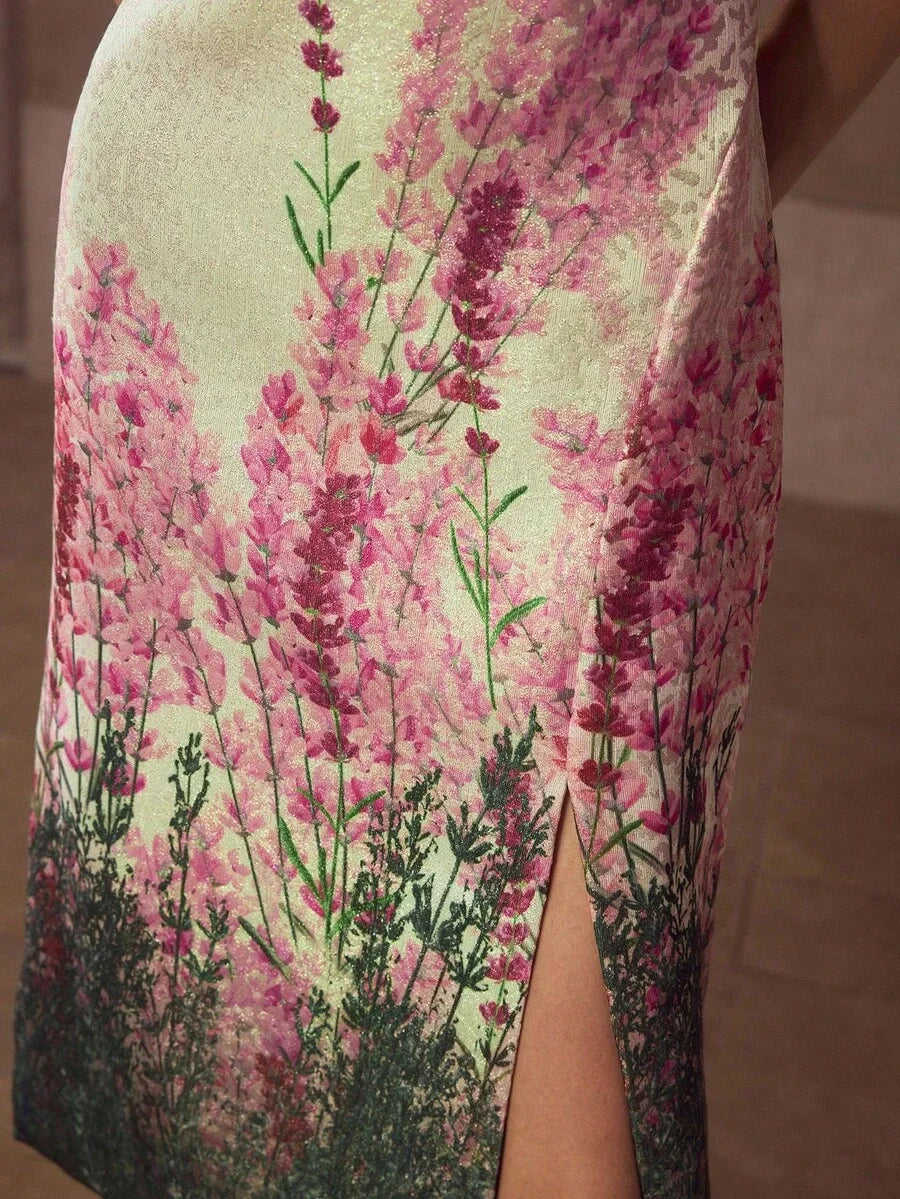 PREMIUM JACQUARD FLORAL PRINT KEYHOLE NECK SPLIT THIGH SLIM FIT DRESS